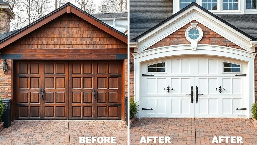 Before and after garage door replacement in Wellesley